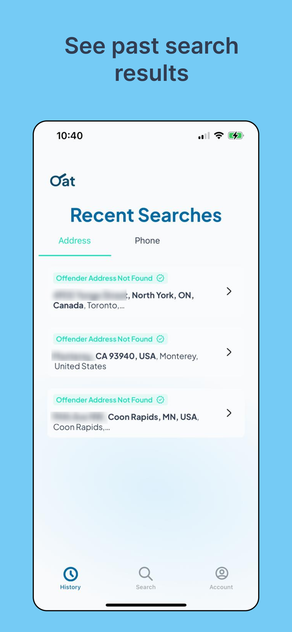 Screenshot of a mobile app search history feature
