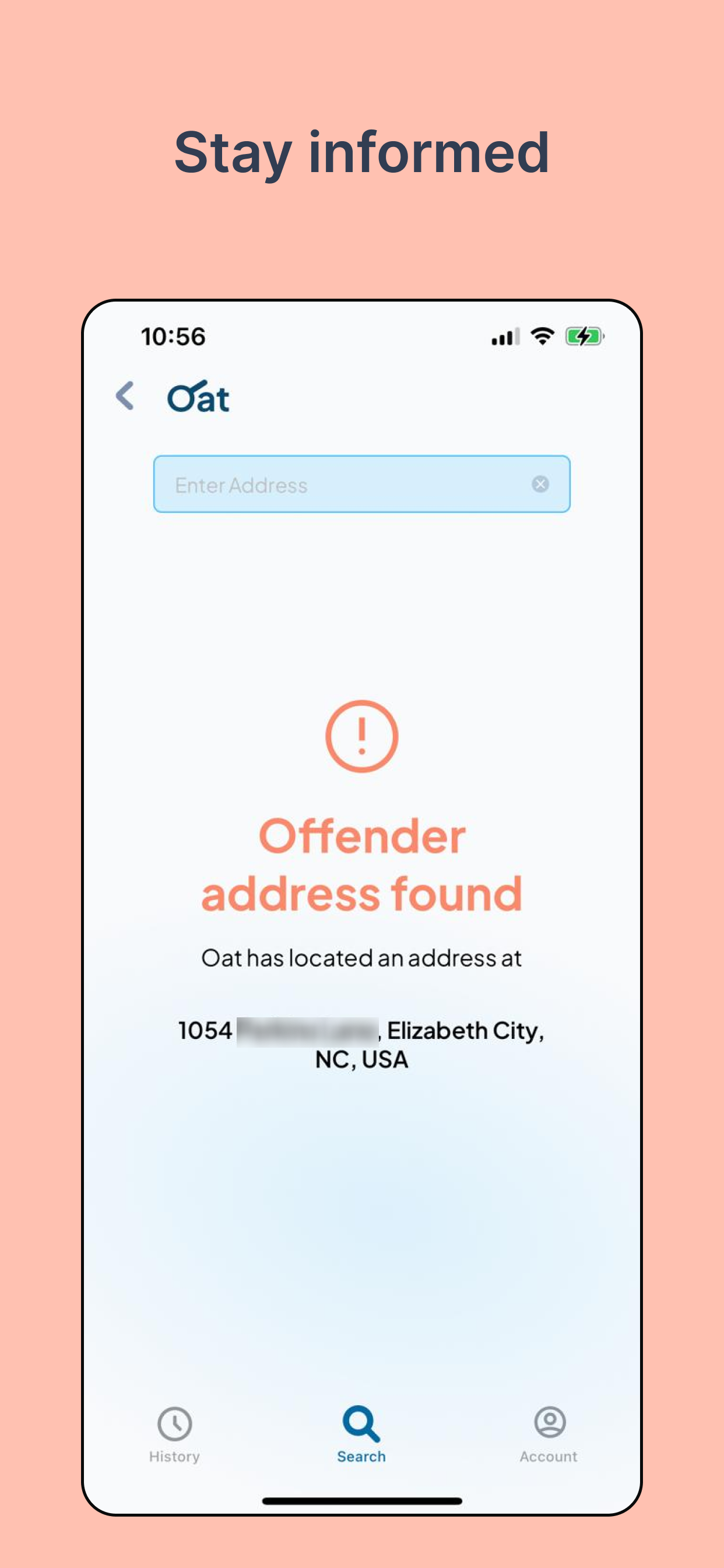 Screenshot of a mobile app offender address search feature